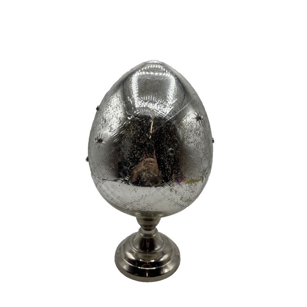 Pottery Barn Etched Mercury Glass Egg Pedestal 11.5” Easter Decor Rhinestones